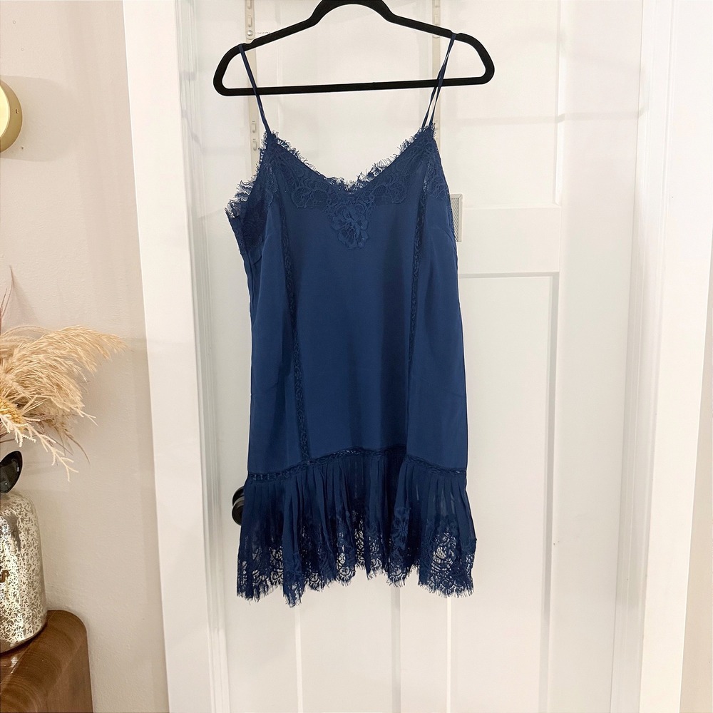 Gold Hawk Blue 100% Silk Lace Trim Pleated Hem Cami Slip Dress S NWT Quiet Lux